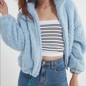 UO Willow Fuzzy Blue Drawstring Teddy Jacket
